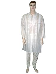 Bollywood Mens Clothing Cotton Embroidered White on White Kurta Pajama Xl Chest 48 Inch