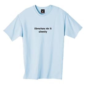 “librarians do it silently” 100% Cotton Unisex Tee with funny Fools of Engagement Joke Text