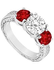 Three Stone Ruby and Diamond Ring 14K White Gold - 1.50 CT TGW