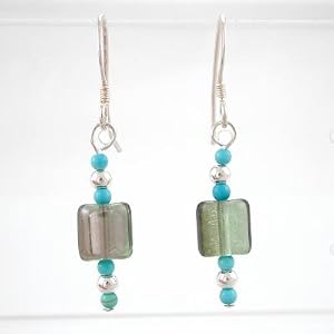 Turquoise Gemstone, Green Czech Glass Bead and Sterling Silver Dangle Earrings, #8625