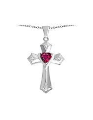 Original Star K (tm) Heart Cross Love Pendant with Heart Shape Created Ruby in 925 Sterling Silver