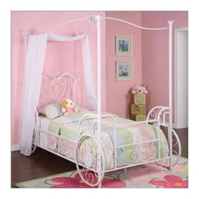 Twin Size Emily Canopy Bed w  Frame - Carriage Design in Antique Hand Washed White Finish