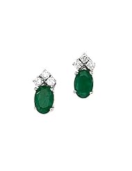 14K White Gold Oval Emerald and Diamond Earrings