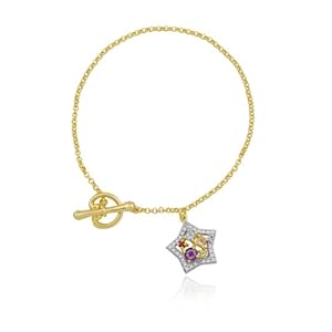 18k Yellow Gold Plated Sterling Silver Multi-Gemstone and Diamond Star Charm Bracelet 7.25"