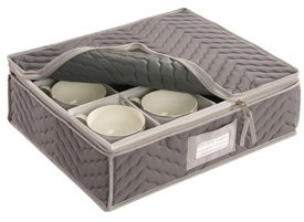 China Cup Storage Chest - Deluxe Quilted Microfiber (Light Gray) (12.5H x 15.5W x 5D)