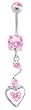Stainless Steel Belly Ring with Pink Crystals - Heart Dangling