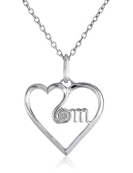Womens Sterling Silver "MOM" Diamond Heart Pendant Necklace (0.03 cttw, I-J Color, I2-I3 Clarity), 18"