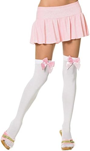 Vicsun Women's Sheer Thigh-high Stockings with Satin Bow (White/Light Pink)