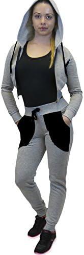 Crop Top Sweatsuit Loungewear Hoodie Jacket Jogger Pants Fleece Lining, H Grey Black Large