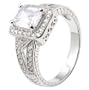 Sterling Silver Filigree Engagement Ring With Emerald Cut Cubic Zirconia on Four Prongs in Semimount Setting