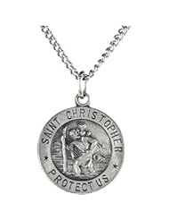 Round Saint Christopher Necklace in Solid Sterling Silver Protect Us Medal 14.75 MM