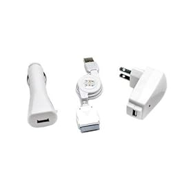 Universal Apple iPod USB Charger Kit - USB Retractable Hotsync Cable - USB Home Travel Charger - USB 12V Cigarette Lighter Charger for iPod Classic, iPhone, iPod Touch, iPod Nano, & All iPods w/ Dock Connector