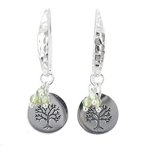 Round Tree of Life Dangle Earrings with Peridot Gemstone Beads on Hammered Contemporary Earwires, 1 1/2" Length, #7749