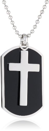 Men's 2 Piece Stainless Steel Black Resin Dog Tag and Cross Pendant Necklace , 22"