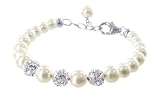 Sterling Silver 7mm Imitation Pearl and Clear Cubic Zirconia Studded Ball adjustable Bracelet 7 to 8 inch Made with Swarovski Elements