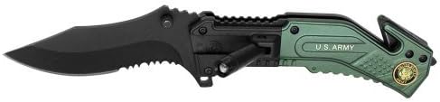 3.5" Army Folding POCKET Knife w/ LED Light Features seatbelt cutter, glass breaker, and belt clip on back of knife, as well as a fold-out LED flashlight SIZE 8"