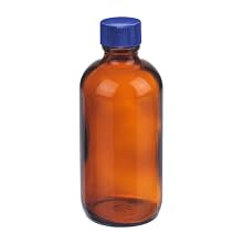 I-Chem Brand 100 Series Type III Glass Amber Boston Round Bottle, Unprocessed, With PTFE-Lined Silicone Liner