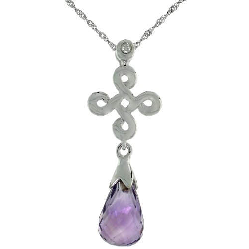 10k White Gold Infinity Cross Amethyst Pendant, w/ 0.01 Carat Brilliant Cut Diamond, 1 in. (26mm) tall, w/ 18 Sterling Silver Singapore Chain