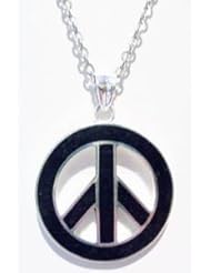 Large 925 St Sterling Silver Black Onyx Stone Peace Sign Hippie Pendant Necklace  1-1/4 Inches Diameter With A Beautiful Heavily Plated St Silver Chain