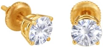 Beautiful! 14K Yellow Gold Threaded Screw Back Pair 6.5mm Each Forever Classic Moissanite (1.76CT TW Actual Weight, 2.0CT TW Diamond Equivalent Weight) Round 4 Prong Stud Earrings