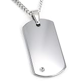 Crucible High Polished Tungsten Carbide Black or White Diamond Dog Tag on 24 Inch Curb Chain (Engraveable)