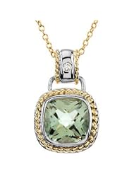 CleverEves 14K White Gold Yellow Gold 12X12mm Gen Qtz.04Cttw18" Genuine Checkerboard Green Quartz And Diamond Necklace