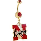 NCAA Nebraska CORNHUSKERS Double Ruby Red Gem Gold Belly Ring