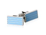 European Enamel Light Blue Bar Cufflinks in Rhodium Silver Setting with Presentation Box
