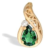 14K Yellow Gold Pear Created Emerald and Diamond Pendant