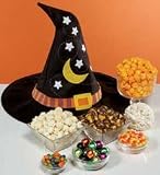 A costume and snack feast all rolled into one, contains a Halloween Popcorn Ball, Monster Mash Jelly Belly beans, Halloween chocolates, candy corn and an assortment of premium popcorn-Cheese, White Cheddar and Chocolate Drizzled Caramel corn.