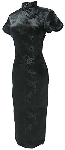 7Fairy Women's Vtg Black Floral Long Chinese Party Dress Cheongsam