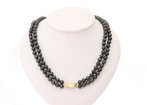 Edle 18 Karat (750) Gold Schwarz mit Grünschimmer 6.5-7.0mm Akoya-Perlen Damen - Halskette