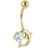 Solid 14KT Yellow Gold DOLPHIN Clear Cubic ZIRCONIA Belly Ring
