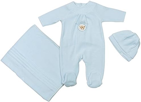 Jolie Enfant 3 Piece Light Blue Velour Teddy Bear Layette Gift Set (6 Months)