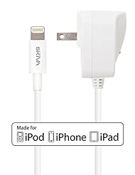 Wireless: [Apple MFi Certified] Skiva Lightning Fire W-1 AC/Wall Charger with 8-Pin Lightning Cable [Slimmest Connector Head - 8.5mm x 4.8mm] for iPhone 6 6Plus 5s 5c 5, iPad Air Air2 mini mini2 mini3, iPad 4th gen, iPod touch 5th gen, and iPod nano 7th gen [Model No.: AC107] - 1 Year Warranty - Skiva