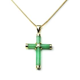 Gold Overlay Sterling Silver Green Chinese Jade Cross Pendant