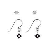 Sterling Silver Jet Crystal Drop Flower Earring and 3mm White CZ Stud Tiny Earring Set for Girls