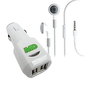 Malcom Distributors White Dual USB Port Socket Cigarette Lighter DC Car Charger Adapter and OEM Apple Headset Apple Earphones with Remote and Mic for Apple iPhone 3G 3GS 4.0 iPad iPod Nano 4th and 5th Generation iPod Classic 120GB 160GB