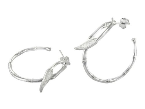 Bamboo Hoop Sterling Silver Earrings with Clear Crystals