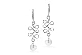 14 Karat White Gold Drop Fresh Water Pearl Earrings, Enhanced With Pave Diamonds. ( 0.12 c.t.t.w, GH, SI )