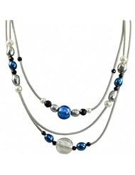 Sterling silver white and dyed blue and grey freshwater cultured pearl with glass beads grey rubber necklace, 17.5-18.5"