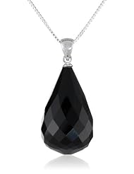 Sterling Silver Box Chain Faceted Black Onyx Teardrop Pendant Necklace , 18"