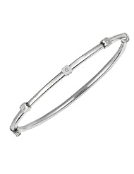 Silver Rhodium Plated Polish 7.25" 3.1mm Round Tube Bangle With .03 Carat Diamond And Fancy Side Clasp