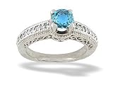 14K White Gold Genuine Round Blue Topaz and Diamond Ring