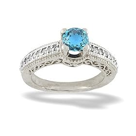 14K White Gold Genuine Round Blue Topaz and Diamond Ring by Jewels For Me
