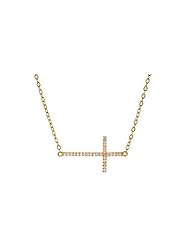 Gold Plated Sterling Silver Sideways Horizontal Cross Crucifix Clear Cubic Zirconia CZ Chain Necklace 15"