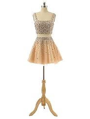 Short Crystal  Beaded Open-Back  Crystals Sequined Spaghetti Strap Satin/Tulle Homecoming Dress  With Rhinestones and Ruffles
