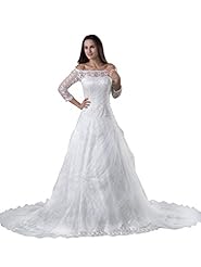 A-line Lace-Up 3/4 Sleeves Satin  Dress with a Chapel Train 