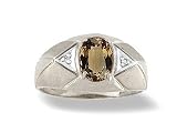 14K White Gold Genuine Oval Smoky Quartz and Diamond Ring
