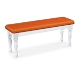Wood Country Style White Farmhouse Dining Bench with Orange Vinyl Cushion